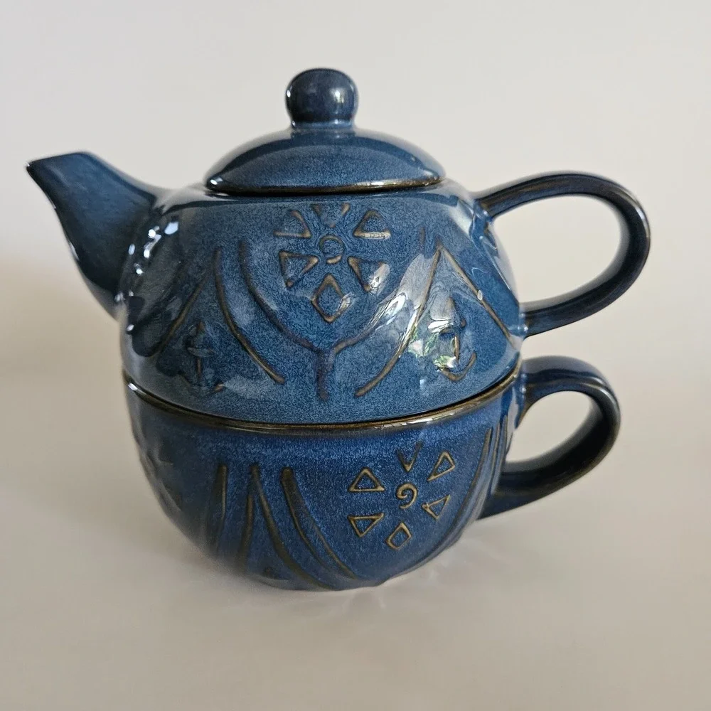 Pier 1 Blue Stoneware Stackable Tea Set Tea Pot Lid and Cup Mug Glazed